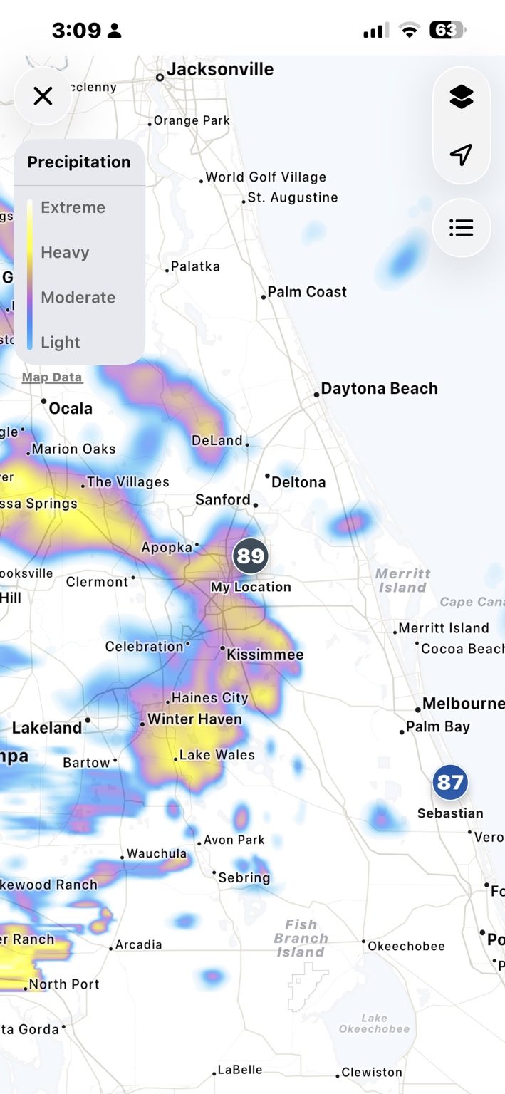 Radar showing rain moving through Central Florida